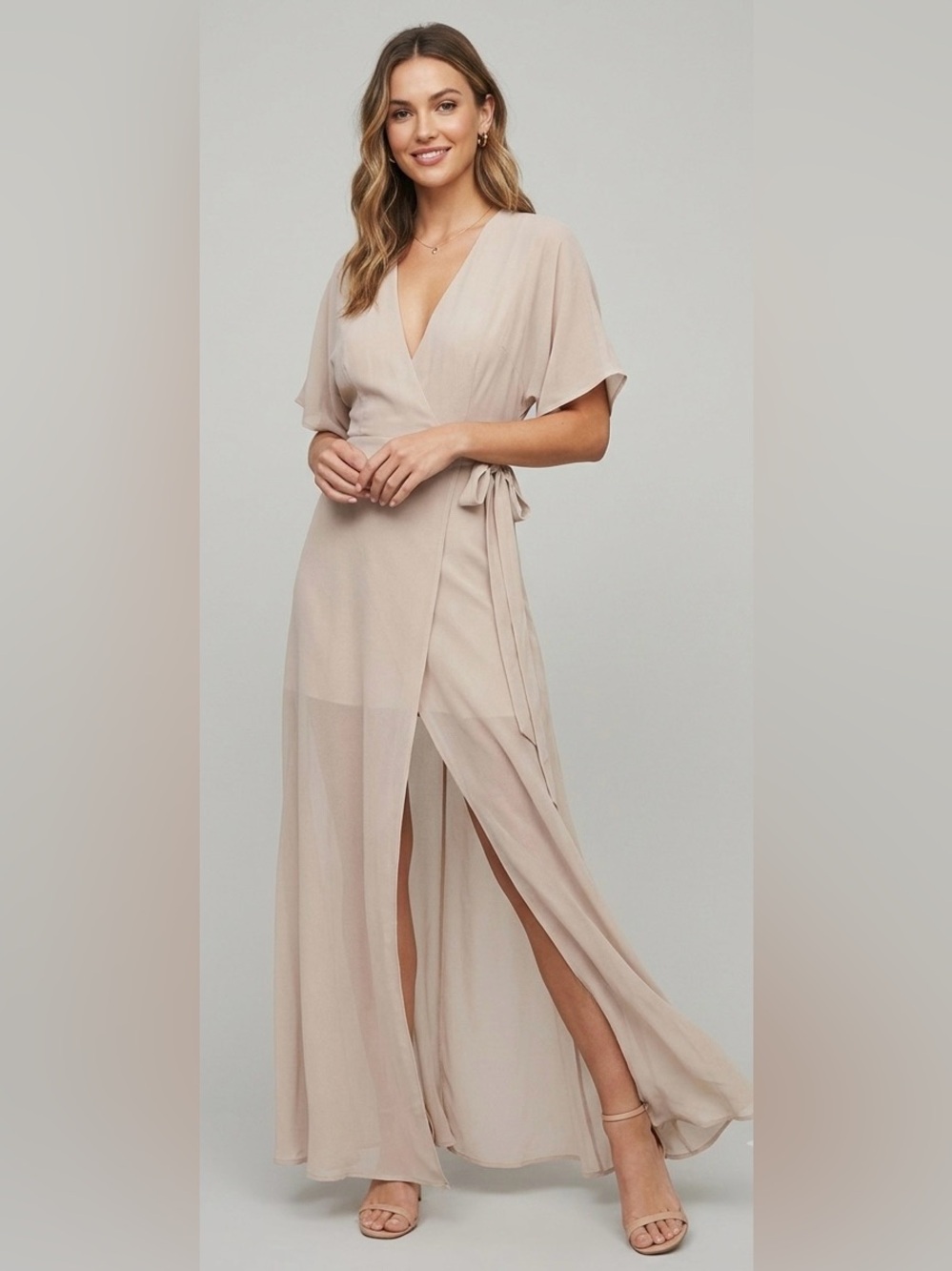 Reformation Winslow Wrap Maxi Dress | Champagne Nude Sheer Overlay FLAWED